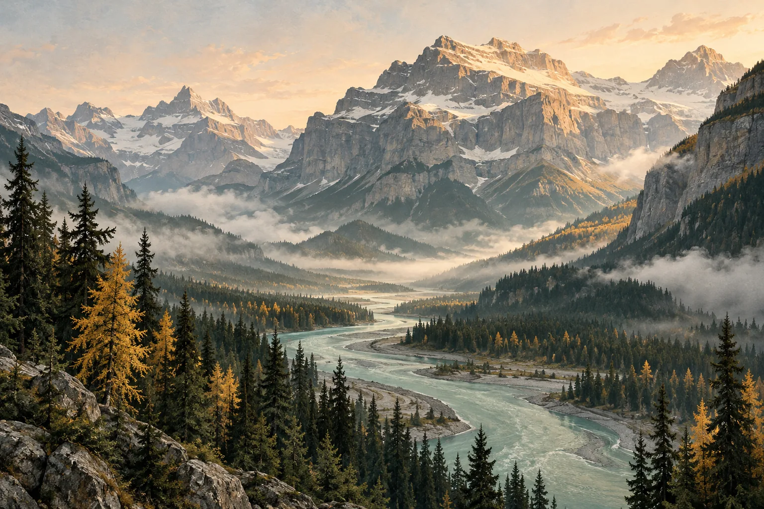 An imagined Rockies landscape with sunlit peaks, golden larches and a winding glacial river.